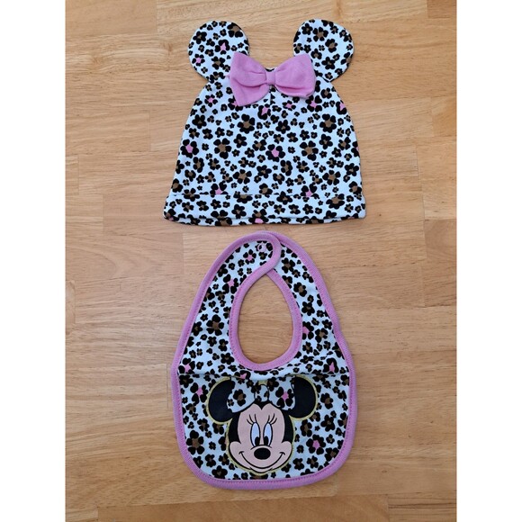 Disney Baby Minnie Mouse Floral Bib and Hat w/ Bow & Ears Soft 12 Mos ADORABLE - Picture 1 of 9